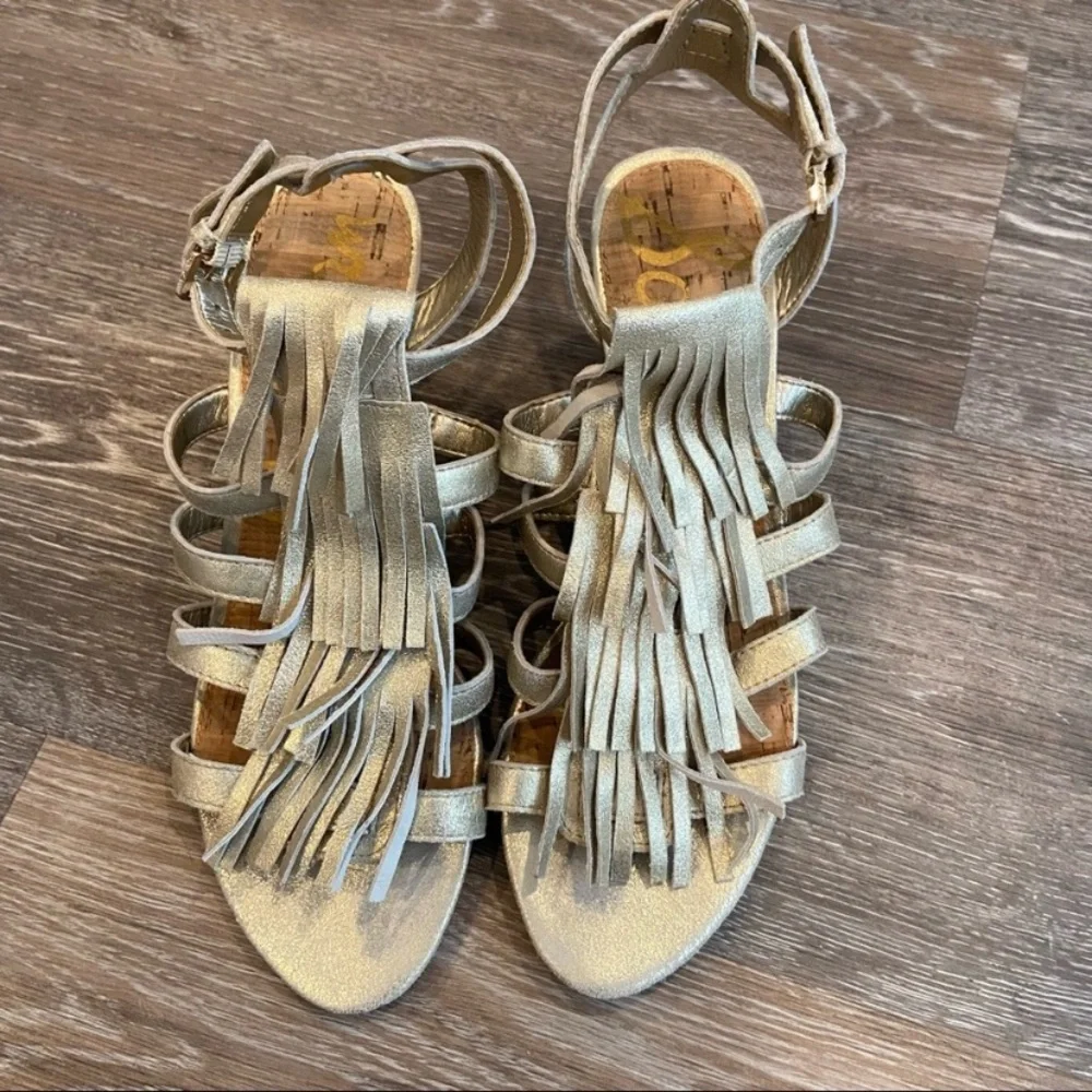 Sam Edelman Gold Fringe Strappy Wedge Sandals